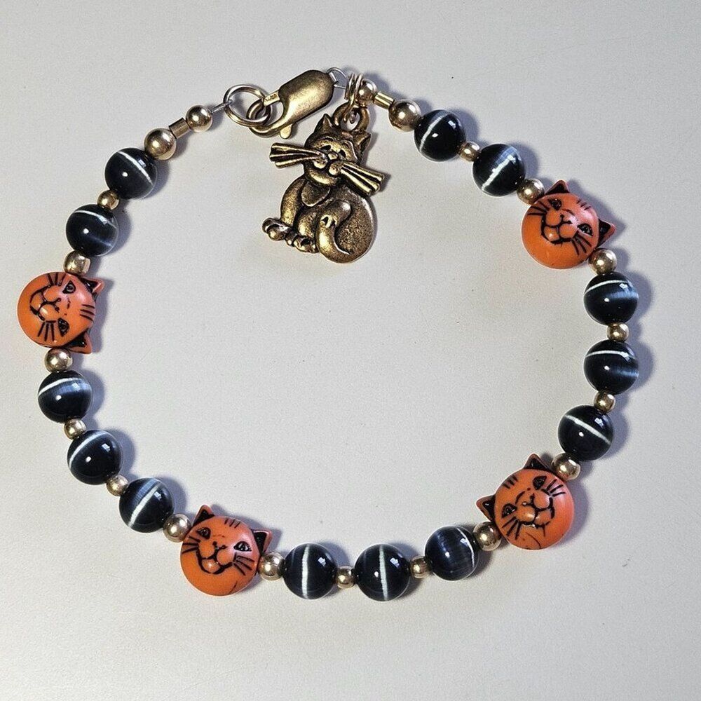 14K Gold Filled Cat Themed Beaded Charm Bracelet 6.5" Halloween